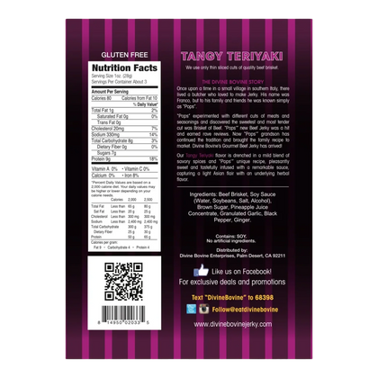 Divine Bovine Tangy Teriyaki beef jerky back: nutrition facts, ingredients, gluten free, brand story, distributor.