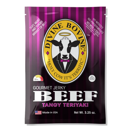 Divine Bovine Tangy Teriyaki beef jerky front: purple striped bag, halo cow logo, mild heat dial, no window.