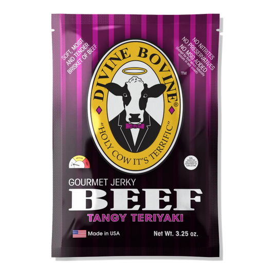 Divine Bovine Tangy Teriyaki beef jerky front: purple striped bag, halo cow logo, mild heat dial, no window.
