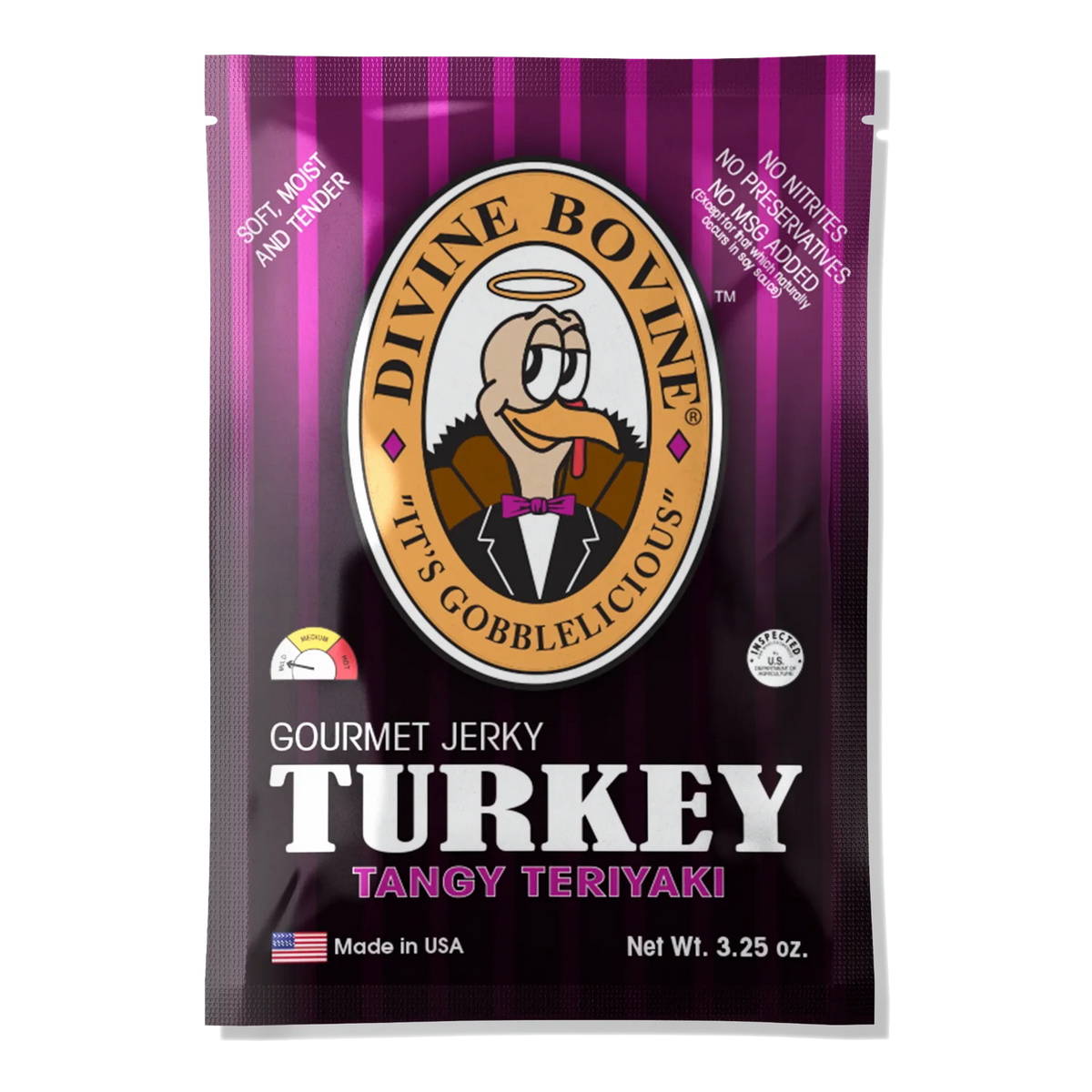 Front of Divine Bovine Tangy Teriyaki Turkey Jerky bag: purple striped pouch, tuxedo turkey logo, mild heat meter, no window.
