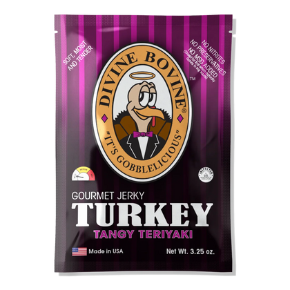 Front of Divine Bovine Tangy Teriyaki Turkey Jerky bag: purple striped pouch, tuxedo turkey logo, mild heat meter, no window.