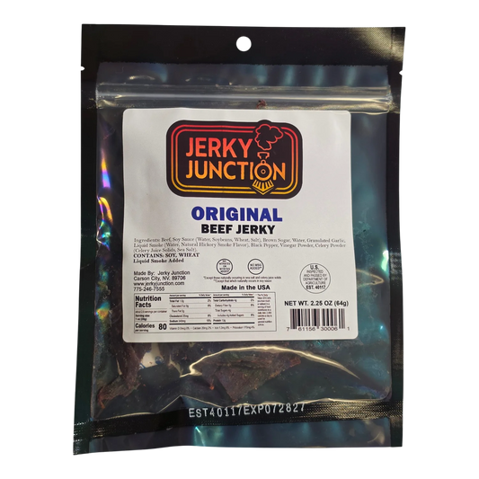 Jerky Junction Original beef jerky front, holographic bag with window showing dark flat jerky pieces below the full label