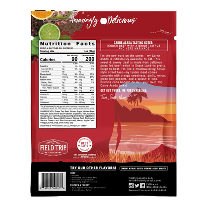 Field Trip Carne Asada Beef Jerky bag back with Nutrition Facts, ingredients, tasting notes and flavor blurb