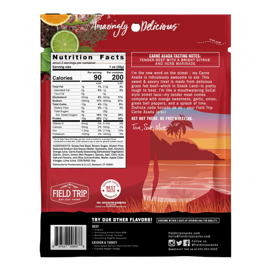 Field Trip Carne Asada Beef Jerky bag back with Nutrition Facts, ingredients, tasting notes and flavor blurb