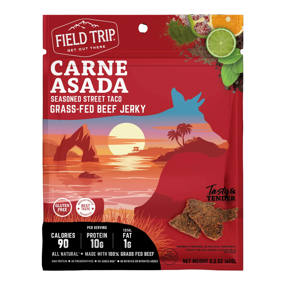 Field Trip Carne Asada Grass-Fed Beef Jerky bag front, red with sunset art, no window, and a photo of jerky pieces
