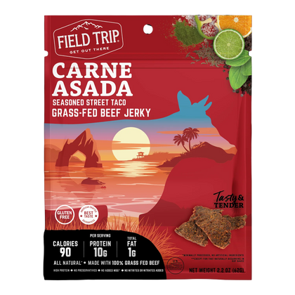 Field Trip Carne Asada Grass-Fed Beef Jerky bag front, red with sunset art, no window, and a photo of jerky pieces