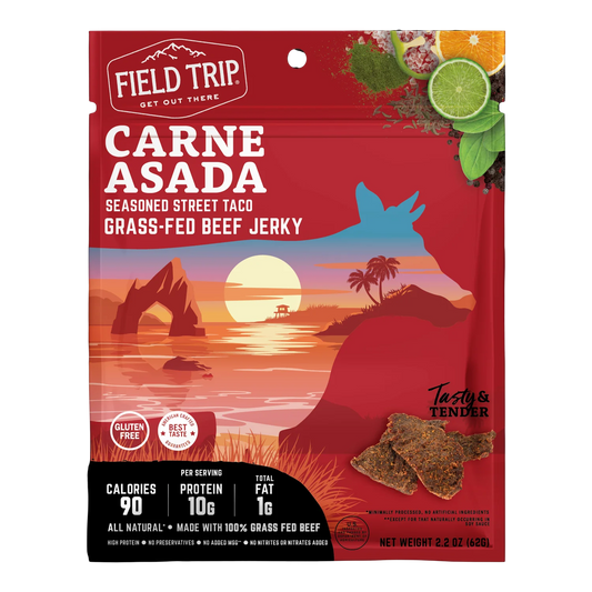 Field Trip Carne Asada Grass-Fed Beef Jerky bag front, red with sunset art, no window, and a photo of jerky pieces