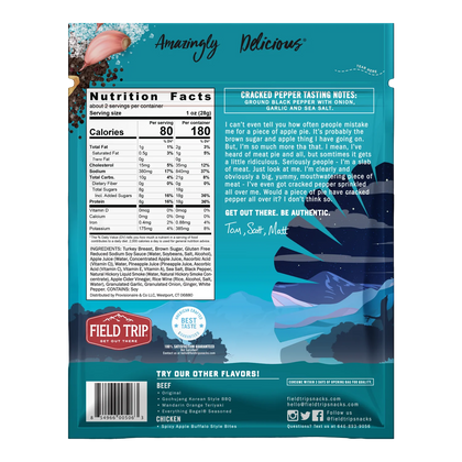 Field Trip Cracked Pepper Turkey Jerky bag back with nutrition facts, ingredient list, tasting notes and the brand story