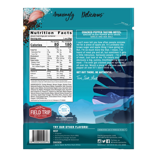 Field Trip Cracked Pepper Turkey Jerky bag back with nutrition facts, ingredient list, tasting notes and the brand story