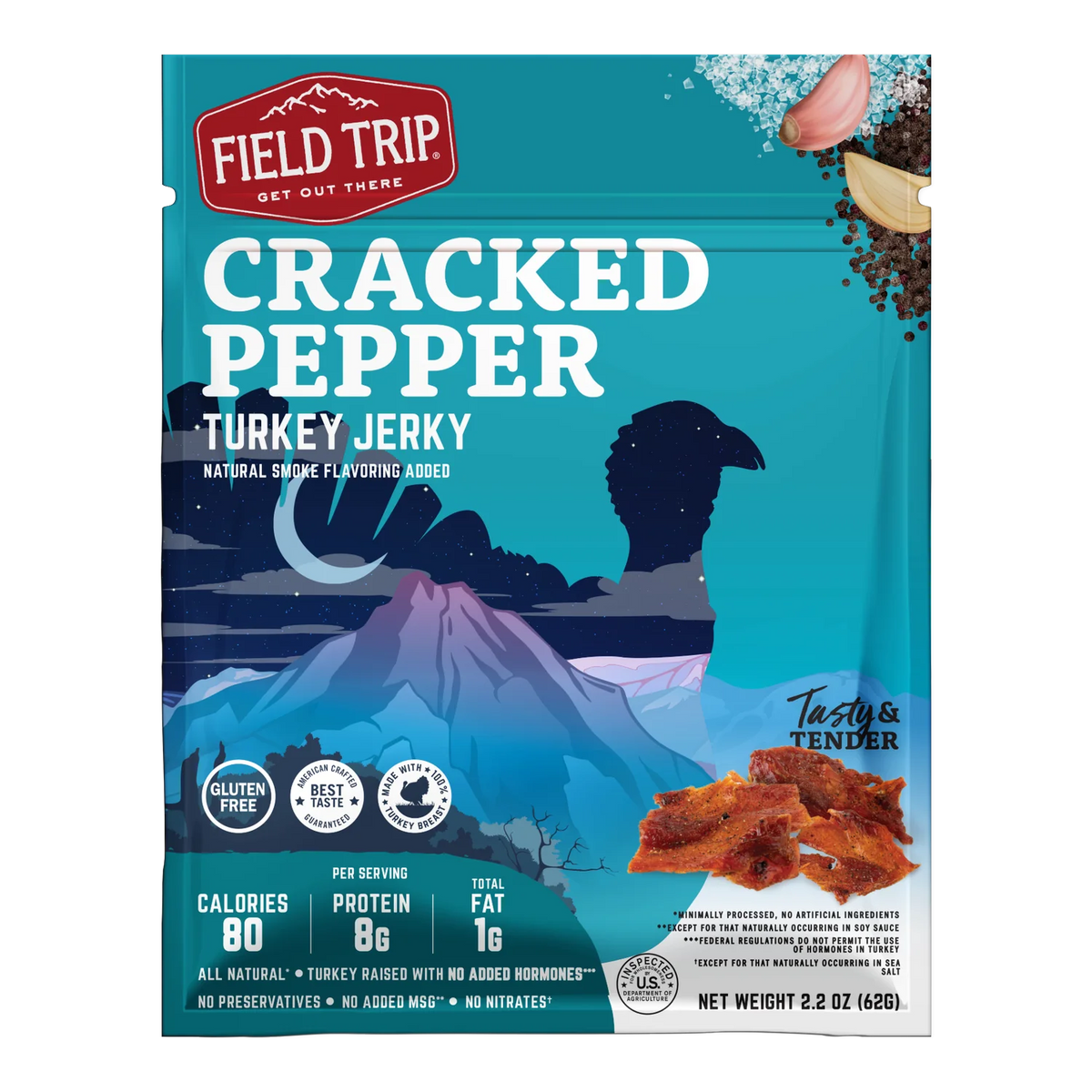 Field Trip Cracked Pepper Turkey Jerky bag front, mountain art and a printed photo of pepper-flecked jerky strips, no window