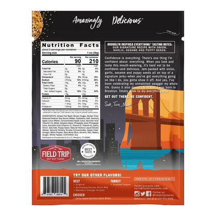 Field Trip Everything Bagel Beef Jerky bag back with Nutrition Facts, ingredient list, allergen and Brooklyn tasting notes