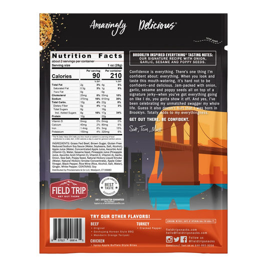 Field Trip Everything Bagel Beef Jerky bag back with Nutrition Facts, ingredient list, allergen and Brooklyn tasting notes