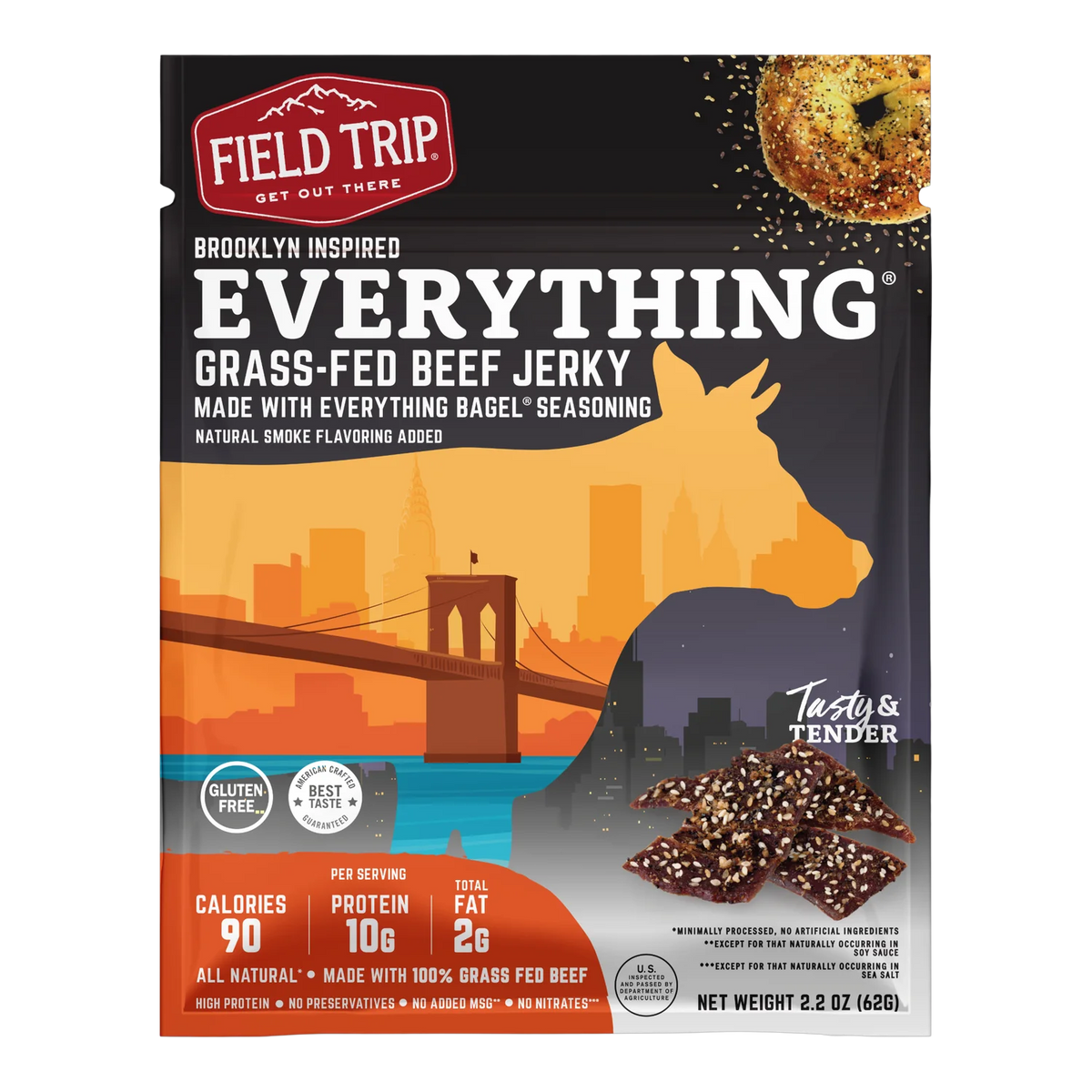 Field Trip Everything Bagel Beef Jerky bag front with photo of sesame and poppy seed coated jerky and Brooklyn Bridge art