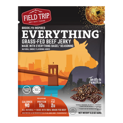 Field Trip Everything Bagel Beef Jerky bag front with photo of sesame and poppy seed coated jerky and Brooklyn Bridge art