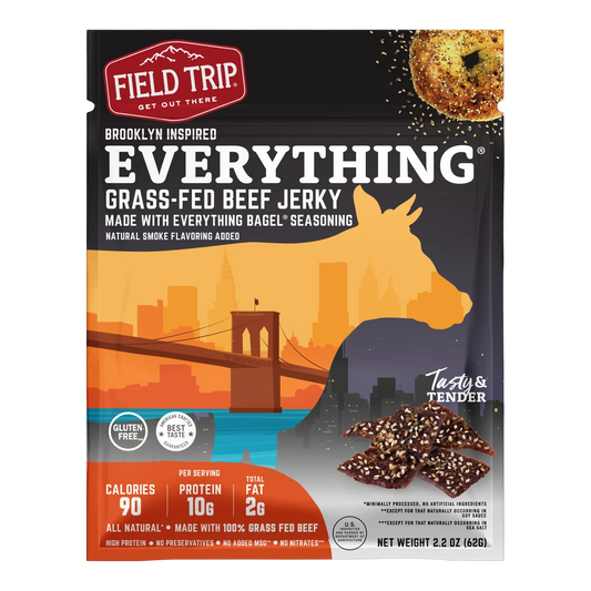 Field Trip Everything Bagel Beef Jerky bag front with photo of sesame and poppy seed coated jerky and Brooklyn Bridge art