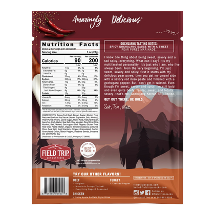Field Trip Gochujang Korean BBQ Recipe beef jerky bag, back, with nutrition facts, ingredients and tasting notes