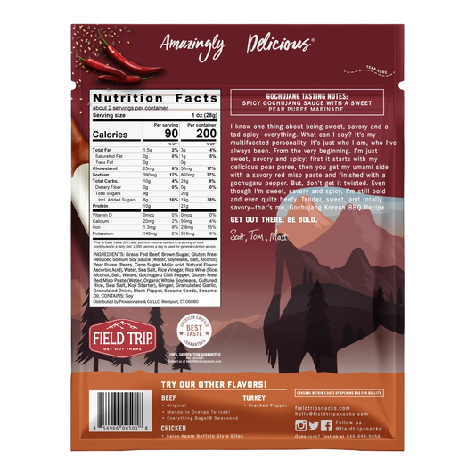 Field Trip Gochujang Korean BBQ Recipe beef jerky bag, back, with nutrition facts, ingredients and tasting notes