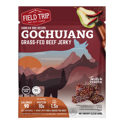 Field Trip Gochujang Korean BBQ Recipe grass-fed beef jerky bag, front, with pear, chili and sesame art and a jerky photo