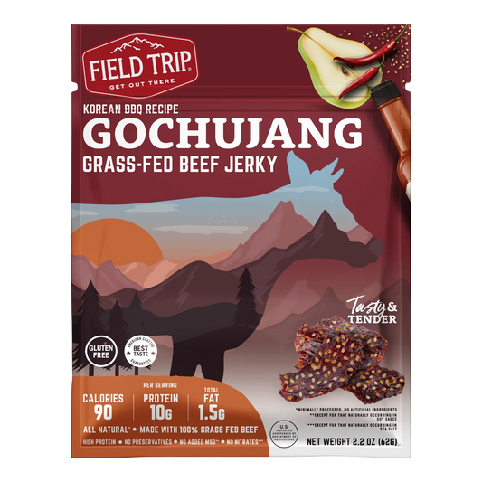 Field Trip Gochujang Korean BBQ Recipe grass-fed beef jerky bag, front, with pear, chili and sesame art and a jerky photo
