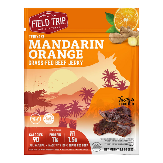 Field Trip Mandarin Orange Teriyaki Beef Jerky front: orange bag with cow silhouette, jerky photo and gluten free badge