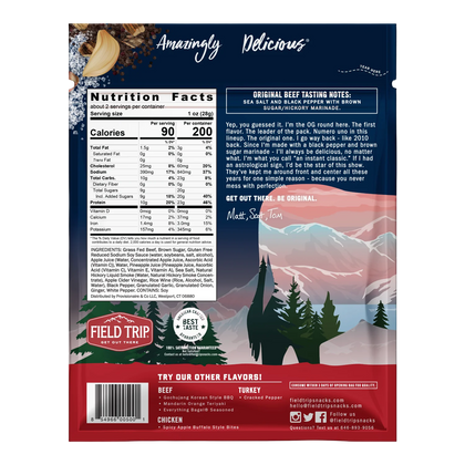Back of Field Trip Original Beef Jerky bag with tasting notes, nutrition facts, ingredient list and other flavors