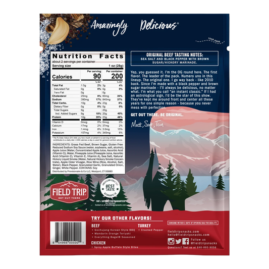 Back of Field Trip Original Beef Jerky bag with tasting notes, nutrition facts, ingredient list and other flavors