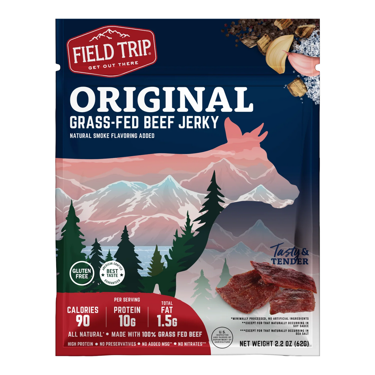Front of Field Trip Original Grass-Fed Beef Jerky bag with mountain and cow artwork, gluten free badge and jerky pieces