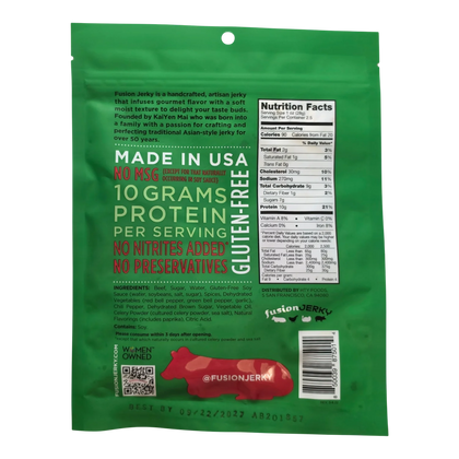 Fusion Jerky Chipotle Lime Beef Jerky back label with nutrition facts, ingredients, soy allergen and made in USA