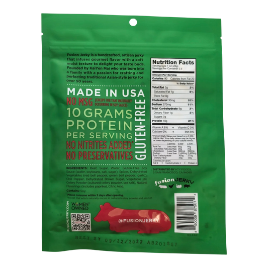 Fusion Jerky Chipotle Lime Beef Jerky back label with nutrition facts, ingredients, soy allergen and made in USA