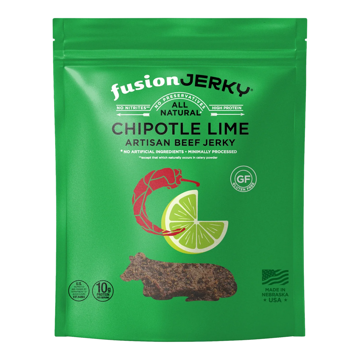 Fusion Jerky Chipotle Lime Beef Jerky front, green bag with chili pepper and lime art and a photo of dark jerky pieces
