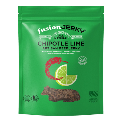 Fusion Jerky Chipotle Lime Beef Jerky front, green bag with chili pepper and lime art and a photo of dark jerky pieces