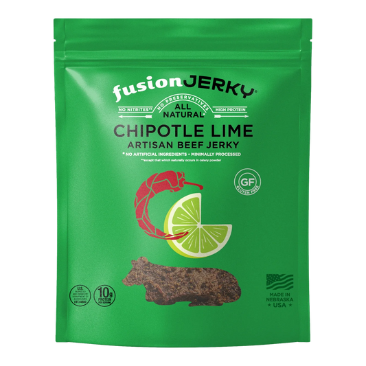 Fusion Jerky Chipotle Lime Beef Jerky front, green bag with chili pepper and lime art and a photo of dark jerky pieces