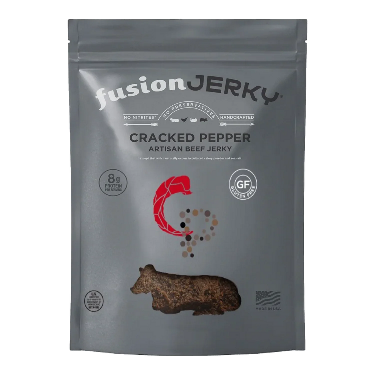 Fusion Jerky Cracked Pepper Artisan Beef Jerky front of gray bag with peppercorn graphic, 8g protein and gluten free badges