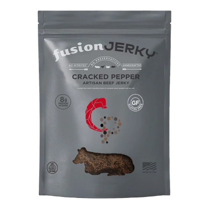 Fusion Jerky Cracked Pepper Artisan Beef Jerky front of gray bag with peppercorn graphic, 8g protein and gluten free badges