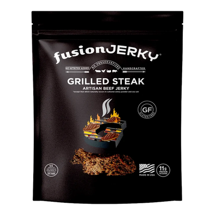Fusion Jerky Grilled Steak Artisan Beef Jerky black bag front with flame grill graphic, jerky photo and Gluten Free badge