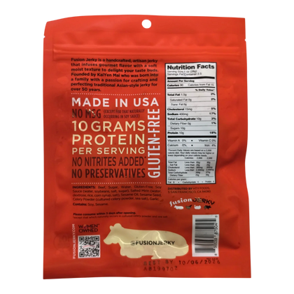 Fusion Jerky Japanese BBQ Beef Jerky back label with ingredients, nutrition facts, no MSG and made in USA claims