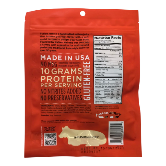 Fusion Jerky Japanese BBQ Beef Jerky back label with ingredients, nutrition facts, no MSG and made in USA claims