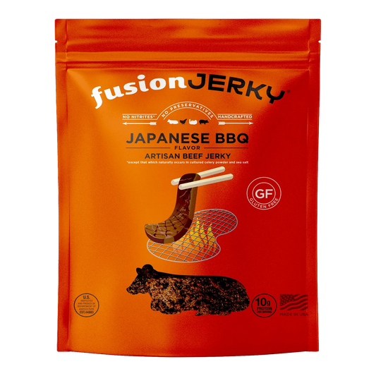 Fusion Jerky Japanese BBQ Beef Jerky front of bag with gluten-free and 10g protein badges, no window