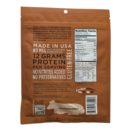 Fusion Jerky Original Hickory Beef Jerky back of bag with Nutrition Facts, ingredients, Made in USA and no preservatives