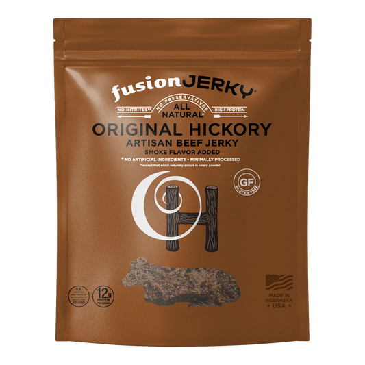 Fusion Jerky Original Hickory Beef Jerky front of bag, no window, with jerky photo, gluten free badge and Made in Nebraska