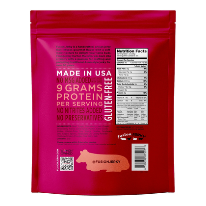 Fusion Jerky Sweet Beef Jerky back label with nutrition facts, ingredients, no MSG added and no preservatives claims