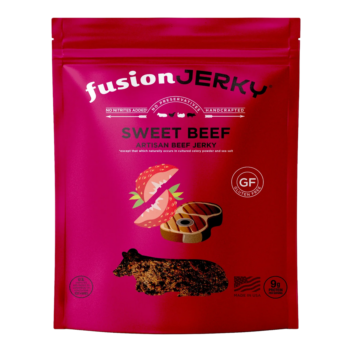 Fusion Jerky Sweet Beef Jerky front of bag with strawberry and steak art, gluten-free and made in USA badges