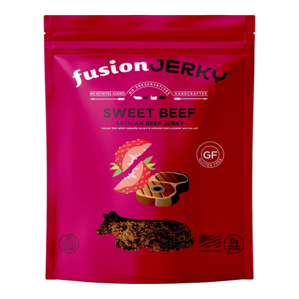 Fusion Jerky Sweet Beef Jerky front of bag with strawberry and steak art, gluten-free and made in USA badges