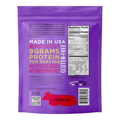 Fusion Jerky Sweet Heat Beef Jerky bag back with nutrition facts, ingredients, and no MSG and no preservatives claims