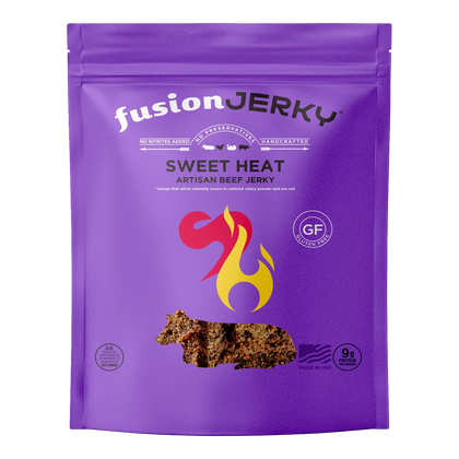 Fusion Jerky Sweet Heat Beef Jerky purple bag front with flame graphic, GF badge and a photo of the jerky, no window