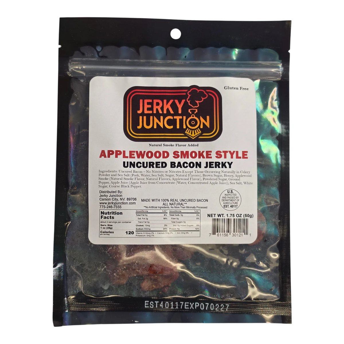 Jerky Junction Applewood Smoke Style Bacon Jerky front, holographic bag, white label, dark reddish-brown bacon pieces visible
