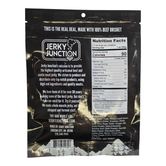 Jerky Junction Black Pepper & Sea Salt beef jerky back with Nutrition Facts, ingredients and contains soy, wheat statement