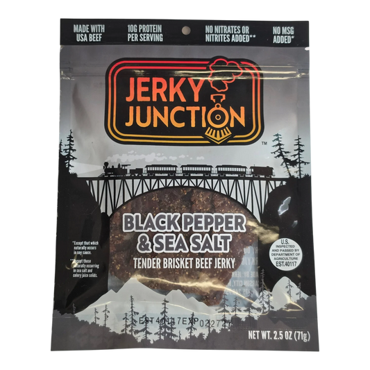 Jerky Junction Black Pepper & Sea Salt beef jerky front, black bag, window showing dark brown pepper-flecked brisket strips