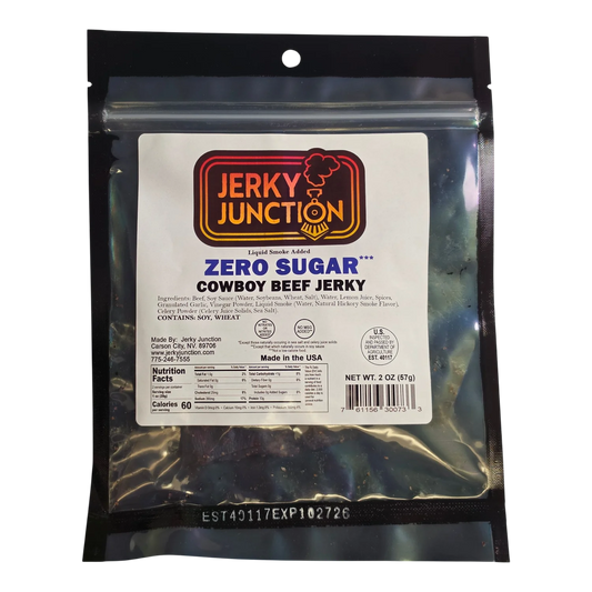 Jerky Junction Zero Sugar Cowboy Beef Jerky front, black and clear bag, white label, window showing dark seasoned jerky