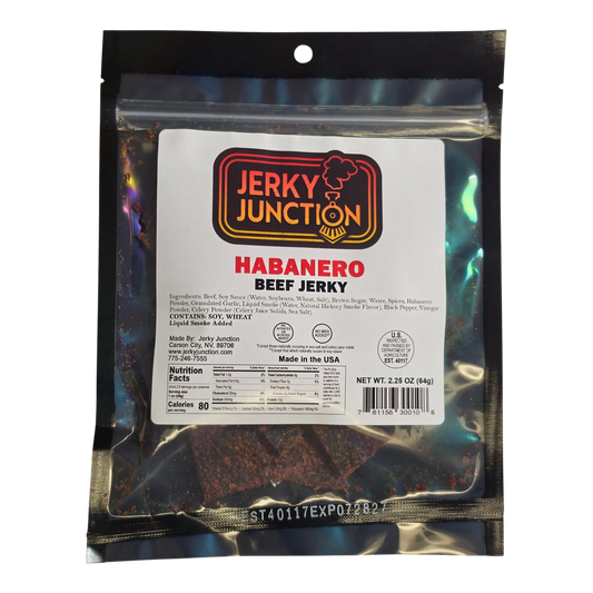 Jerky Junction Habanero Beef Jerky front, clear bag showing dark reddish-brown jerky pieces with visible flecks of seasoning